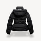 Water-Resistant Black Puffer Jacket With Belted Design For Winter Wear