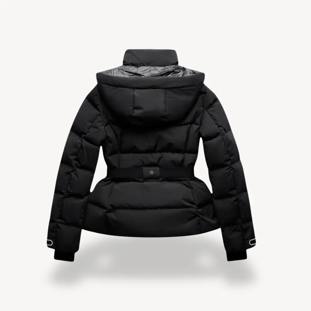 Water-Resistant Black Puffer Jacket With Belted Design For Winter Wear