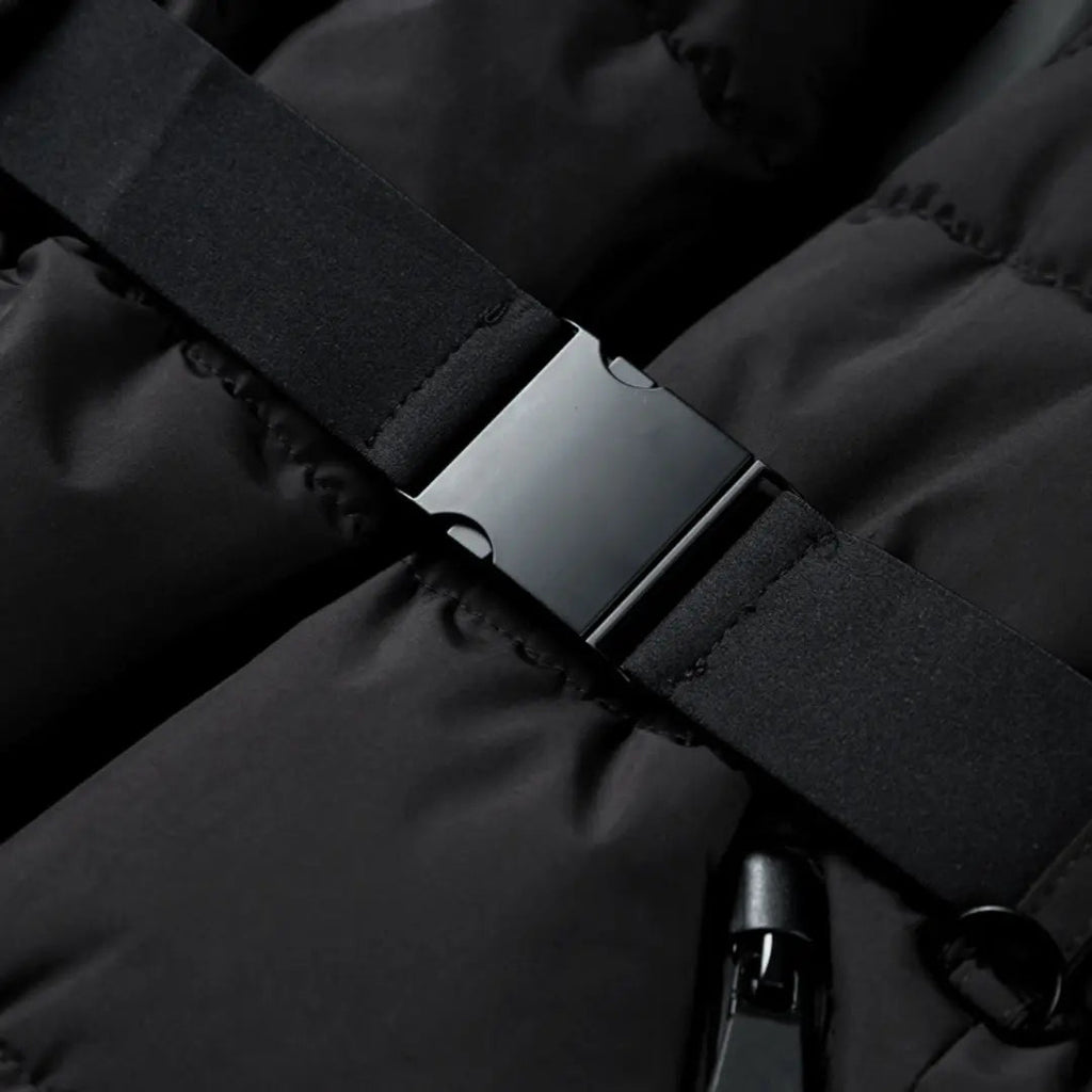 Water-Resistant Black Puffer Jacket With Belted Design For Winter Wear