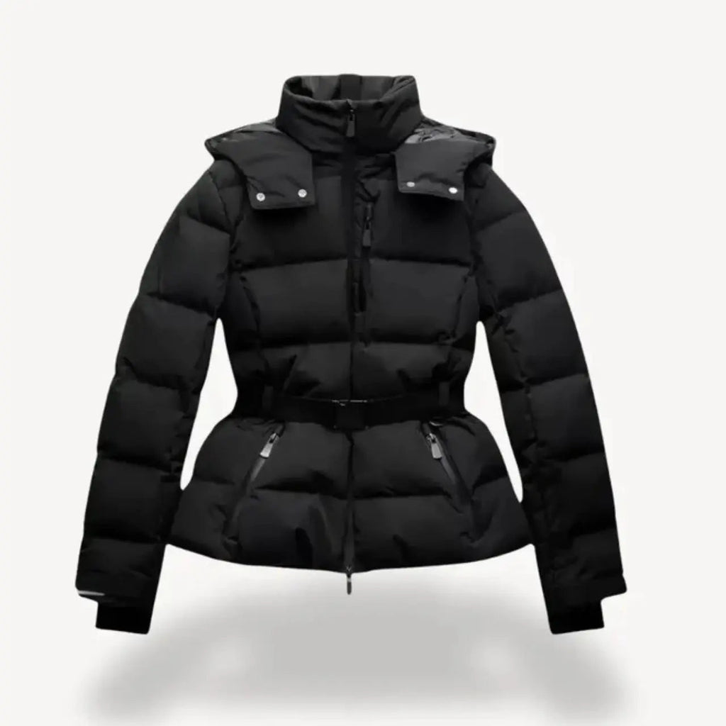 Water-Resistant Black Puffer Jacket With Belted Design For Winter Wear