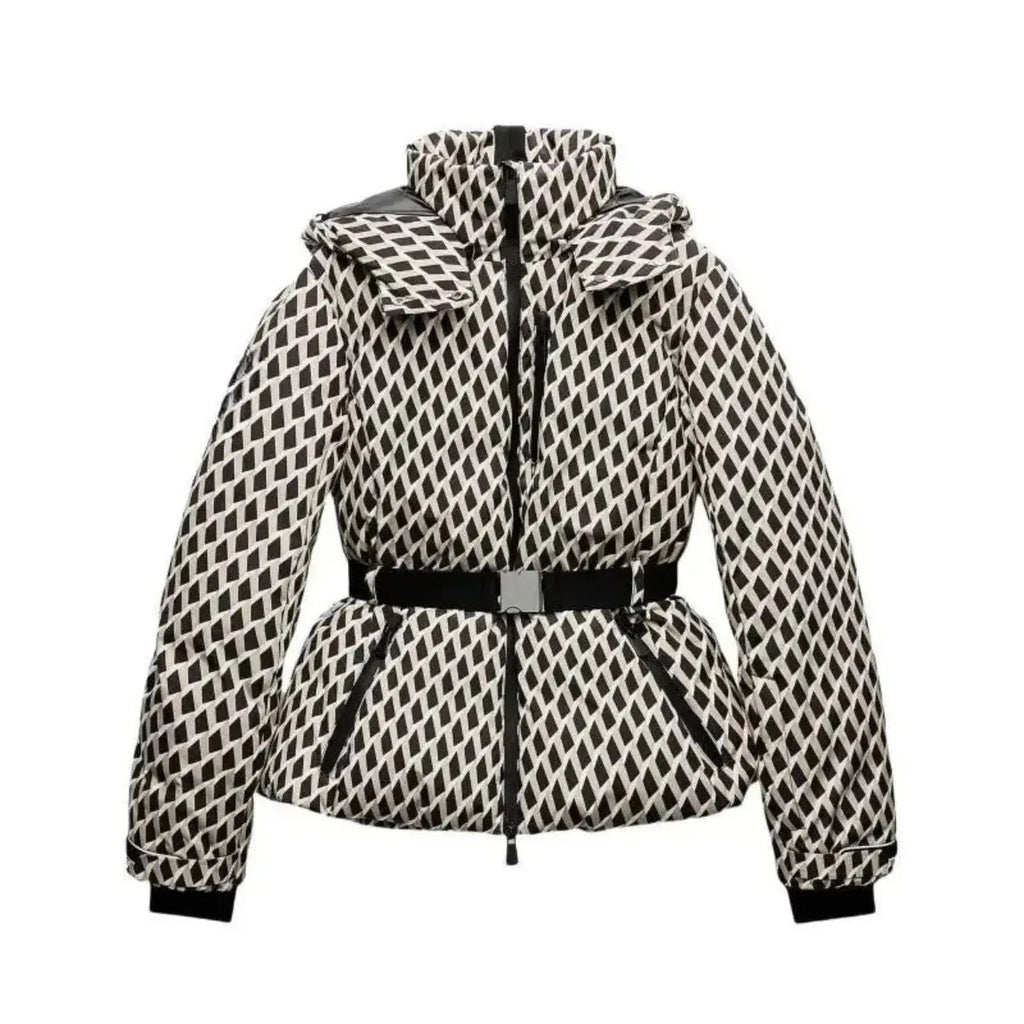 Water-Resistant Black Puffer Jacket With Belted Design For Winter Wear