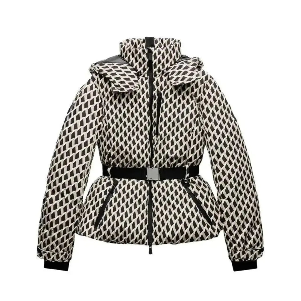 Water-Resistant Black Puffer Jacket With Belted Design For Winter Wear