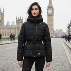Water-Resistant Black Puffer Jacket With Belted Design For Winter Wear