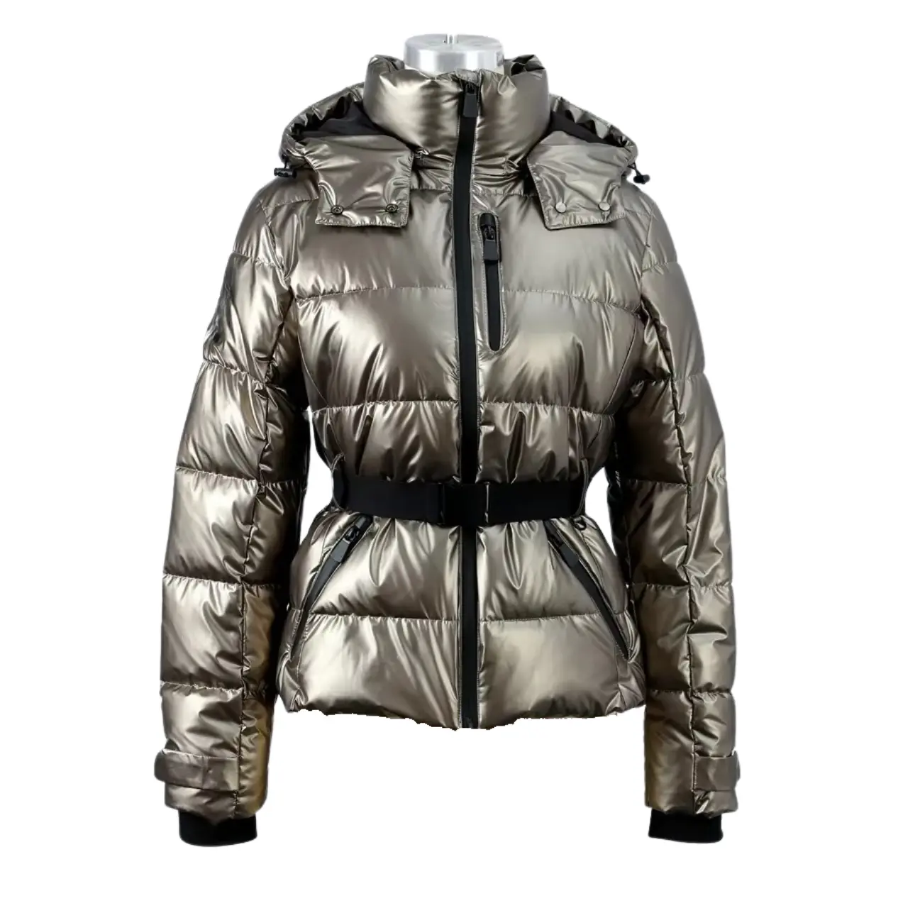 Water-Resistant Black Puffer Jacket With Belted Design For Winter Wear