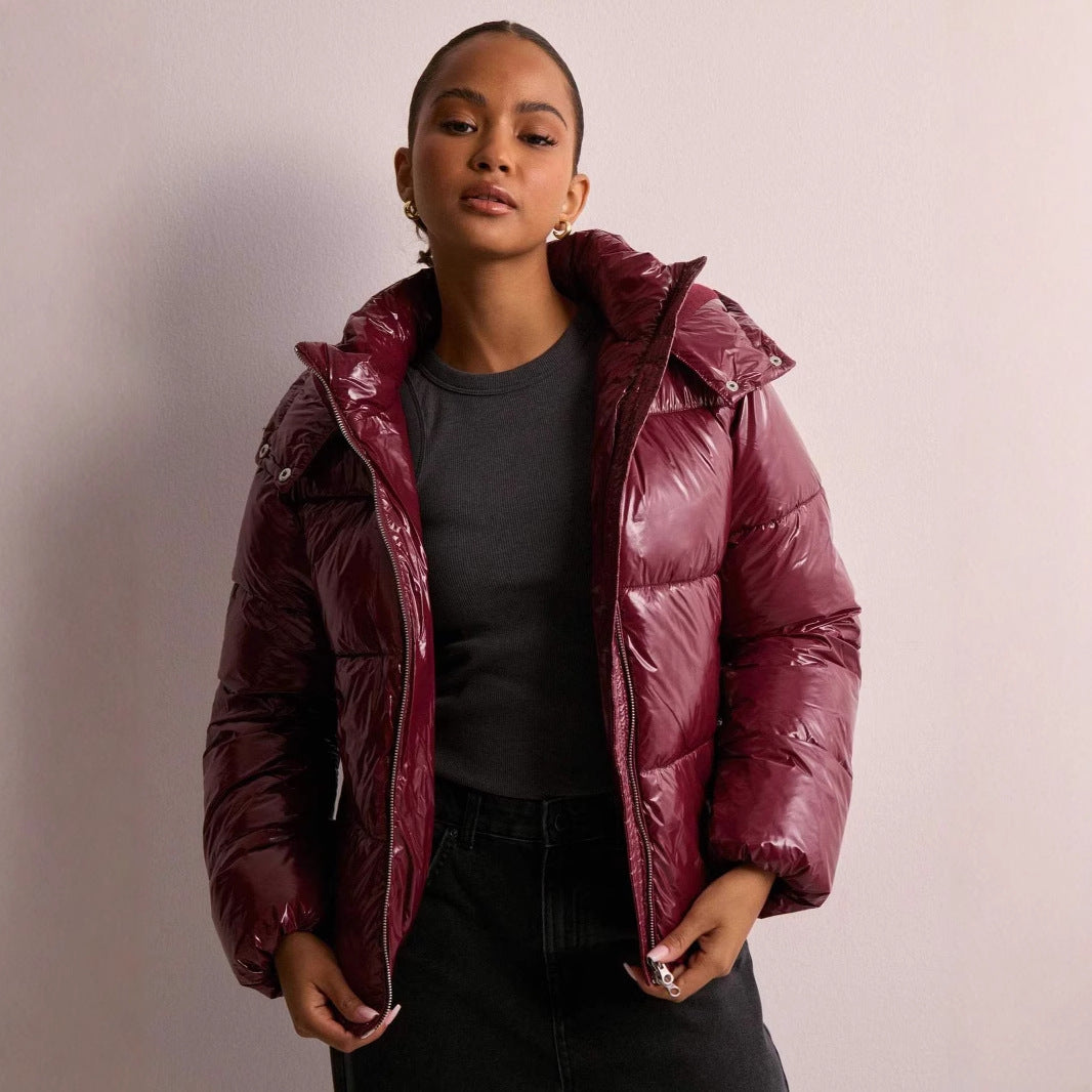 Glacia Women's Shiny Quilted Jacket with Removable Hood | High-Shine Padded Mid-Length Jacket for Women | Chic Outerwear