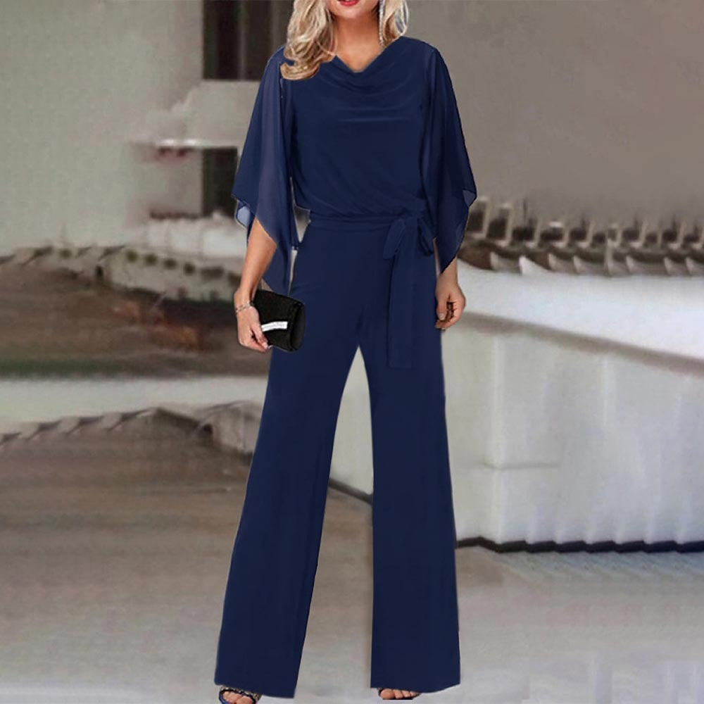 Cascade Women's Satin Wide-Leg Jumpsuit | Cascading Neckline & Lace-Up Waist One-Piece