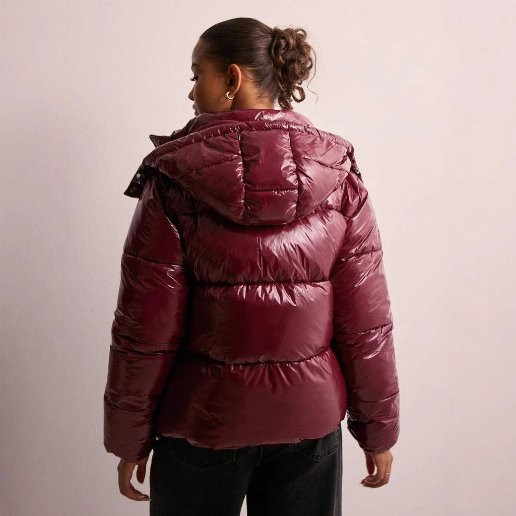 Glacia Women's Shiny Quilted Jacket with Removable Hood | High-Shine Padded Mid-Length Jacket for Women | Chic Outerwear