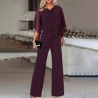 Cascade Women's Satin Wide-Leg Jumpsuit | Cascading Neckline & Lace-Up Waist One-Piece