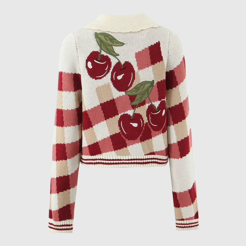 Hanami Women's Cropped Cherry Blossom Knit Cardigan | Floral Pattern Wool Blend Button-Up Cardigan for Women
