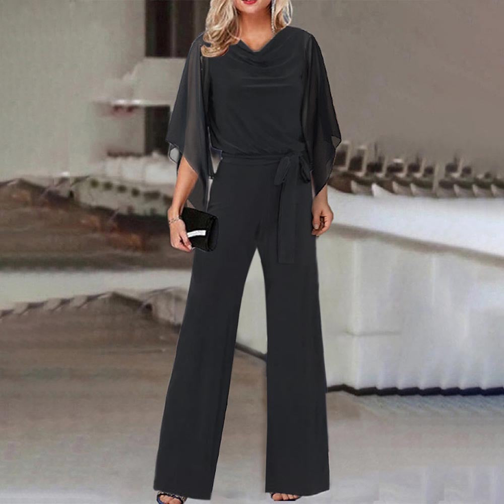 Cascade Women's Satin Wide-Leg Jumpsuit | Cascading Neckline & Lace-Up Waist One-Piece