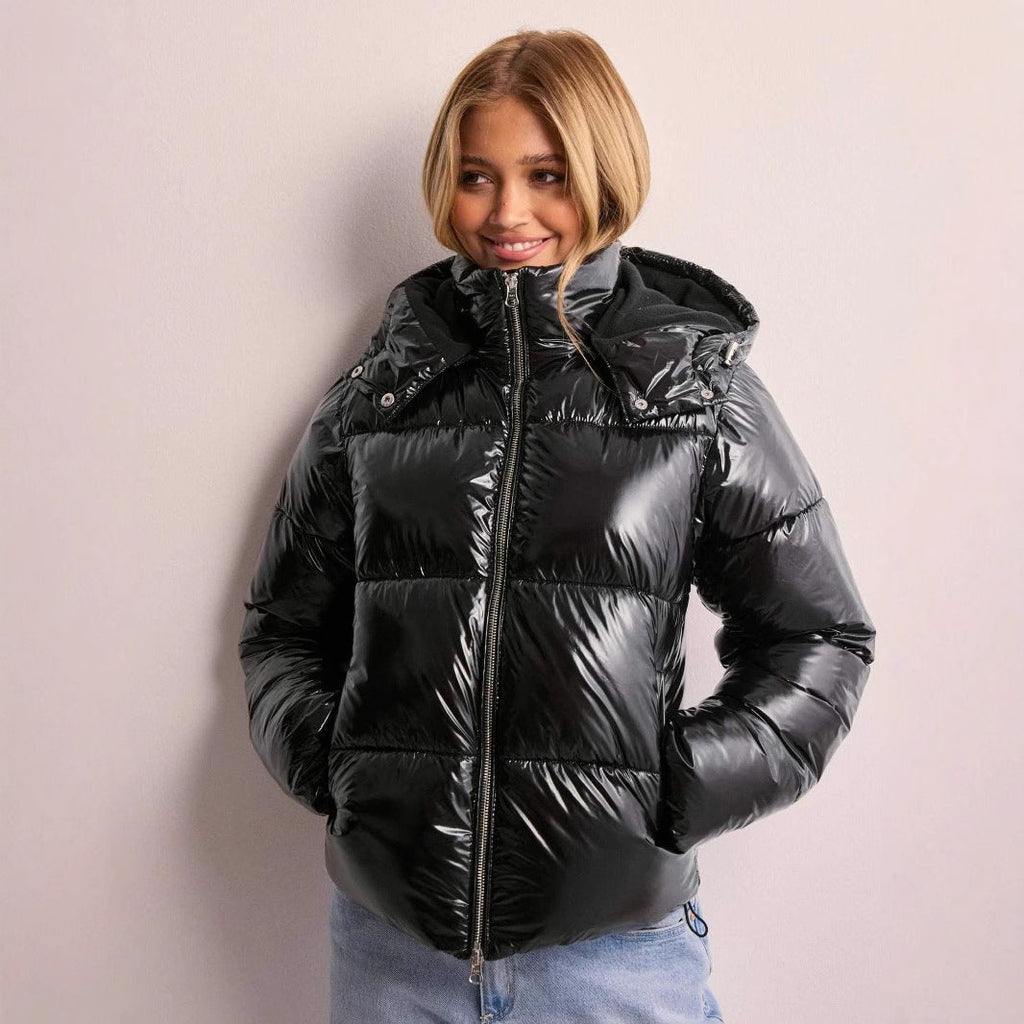 Glacia Women's Shiny Quilted Jacket with Removable Hood | High-Shine Padded Mid-Length Jacket for Women | Chic Outerwear