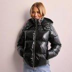 Glacia Women's Shiny Quilted Jacket with Removable Hood | High-Shine Padded Mid-Length Jacket for Women | Chic Outerwear