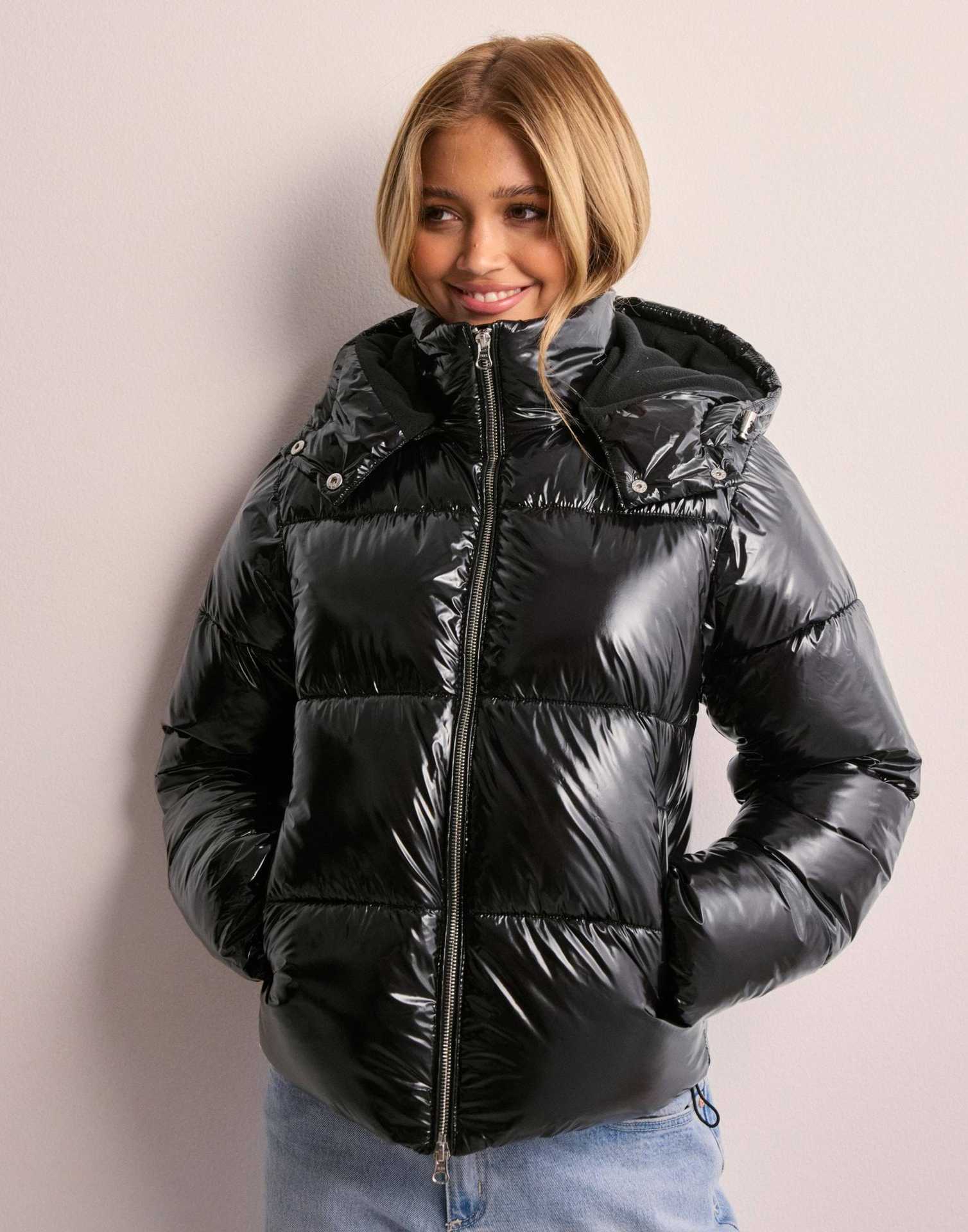 Glacia Women's Shiny Quilted Jacket with Removable Hood | High-Shine Padded Mid-Length Jacket for Women | Chic Outerwear