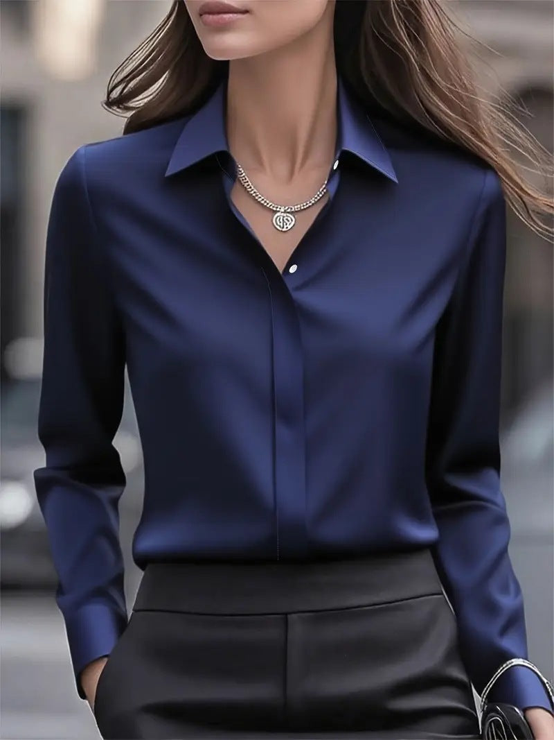 Séraphine Women's Elegant Satin Silk-Look Blouse | Timeless Classic Collar Button-Down Blouse for Women