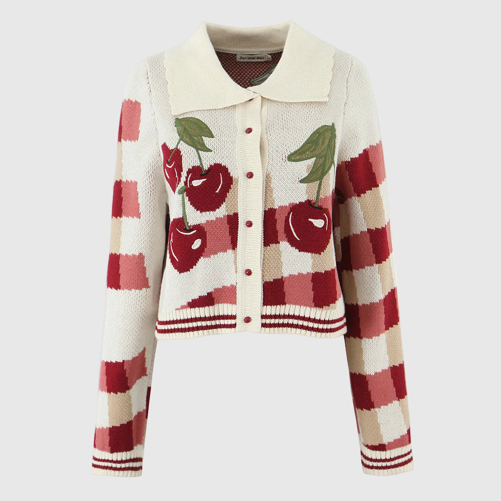 Hanami Women's Cropped Cherry Blossom Knit Cardigan | Floral Pattern Wool Blend Button-Up Cardigan for Women