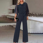 Cascade Women's Satin Wide-Leg Jumpsuit | Cascading Neckline & Lace-Up Waist One-Piece