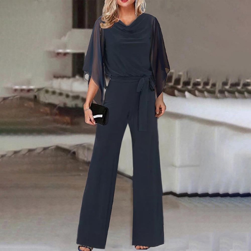 Cascade Women's Satin Wide-Leg Jumpsuit | Cascading Neckline & Lace-Up Waist One-Piece