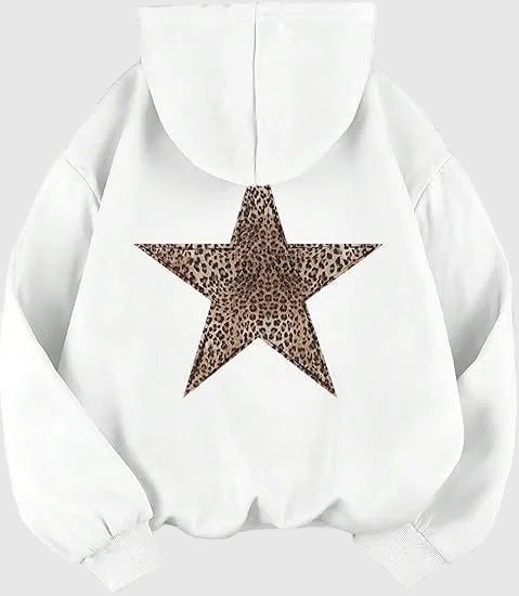 Wildrose Women's Casual Leopard Star Print Cotton Hoodie | Cheetah Star Graphic Pullover Hoodie for Women | Relaxed Fit Sweatshirt