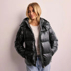 Glacia Women's Shiny Quilted Jacket with Removable Hood | High-Shine Padded Mid-Length Jacket for Women | Chic Outerwear