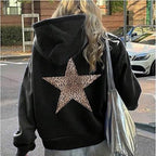 Wildrose Women's Casual Leopard Star Print Cotton Hoodie | Cheetah Star Graphic Pullover Hoodie for Women | Relaxed Fit Sweatshirt