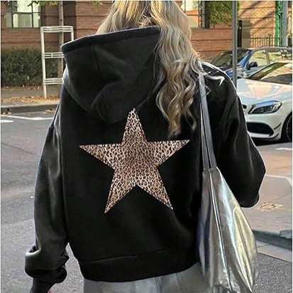 Wildrose Women's Casual Leopard Star Print Cotton Hoodie | Cheetah Star Graphic Pullover Hoodie for Women | Relaxed Fit Sweatshirt