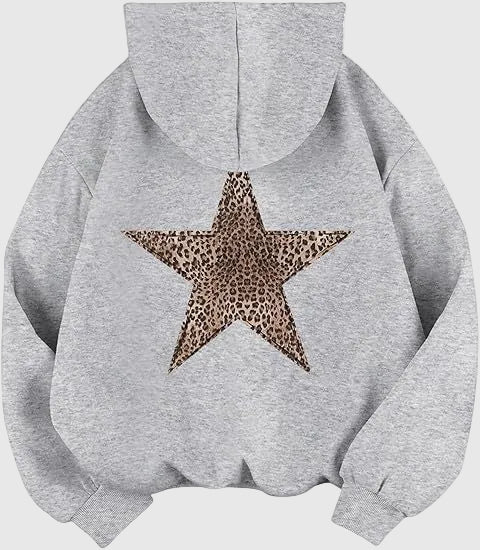 Wildrose Women's Casual Leopard Star Print Cotton Hoodie | Cheetah Star Graphic Pullover Hoodie for Women | Relaxed Fit Sweatshirt