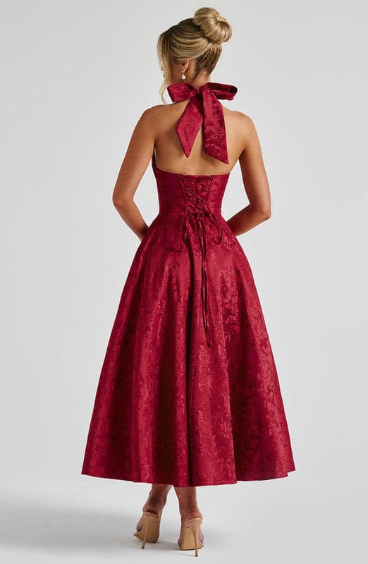 Rafaella Women's Halterneck Full Skirt Midi Dress | Jacquard Occasion Wedding Guest Dress | Evening & Casual
