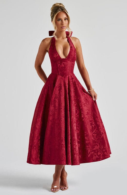 Rafaella Women's Halterneck Full Skirt Midi Dress | Jacquard Occasion Wedding Guest Dress | Evening & Casual