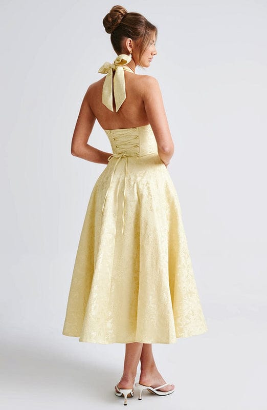 Rafaella Women's Halterneck Full Skirt Midi Dress | Jacquard Occasion Wedding Guest Dress | Evening & Casual