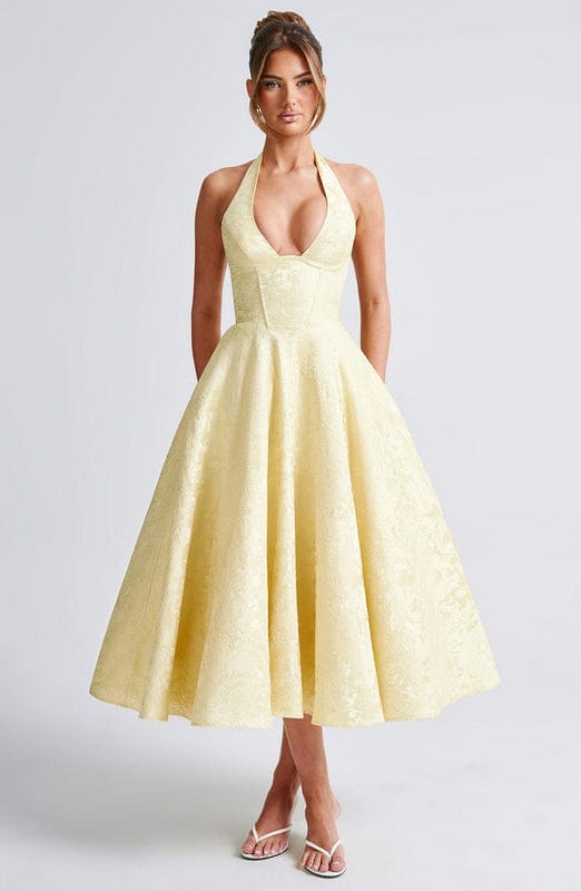 Rafaella Women's Halterneck Full Skirt Midi Dress | Jacquard Occasion Wedding Guest Dress | Evening & Casual
