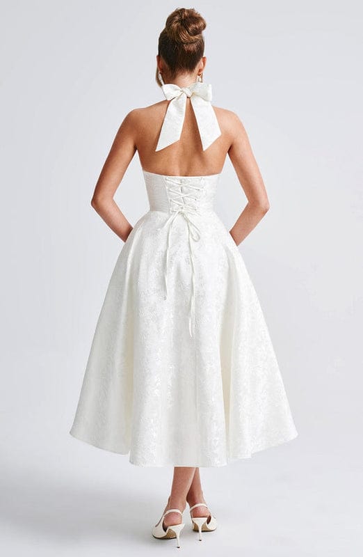 Rafaella Women's Halterneck Full Skirt Midi Dress | Jacquard Occasion Wedding Guest Dress | Evening & Casual