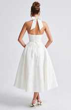 Rafaella Women's Halterneck Full Skirt Midi Dress | Jacquard Occasion Wedding Guest Dress | Evening & Casual