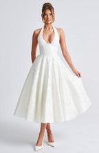 Rafaella Women's Halterneck Full Skirt Midi Dress | Jacquard Occasion Wedding Guest Dress | Evening & Casual
