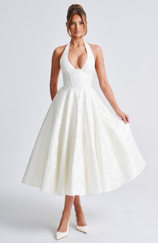 Rafaella Women's Halterneck Full Skirt Midi Dress | Jacquard Occasion Wedding Guest Dress | Evening & Casual