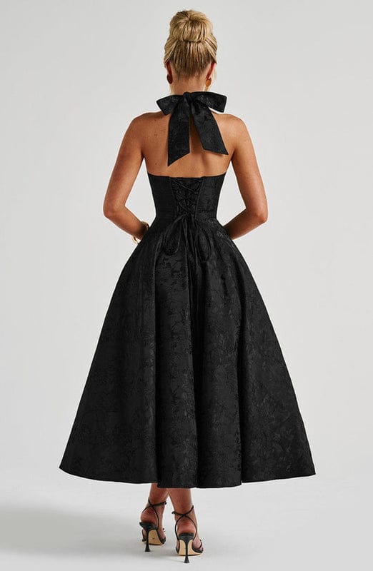 Rafaella Women's Halterneck Full Skirt Midi Dress | Jacquard Occasion Wedding Guest Dress | Evening & Casual