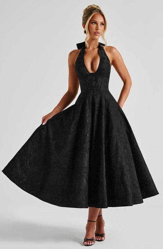 Rafaella Women's Halterneck Full Skirt Midi Dress | Jacquard Occasion Wedding Guest Dress | Evening & Casual