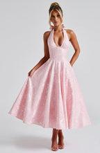 Rafaella Women's Halterneck Full Skirt Midi Dress | Jacquard Occasion Wedding Guest Dress | Evening & Casual
