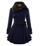 Women’s Fit-and-Flare Coat with Faux Fur Collar and Waist Belt
