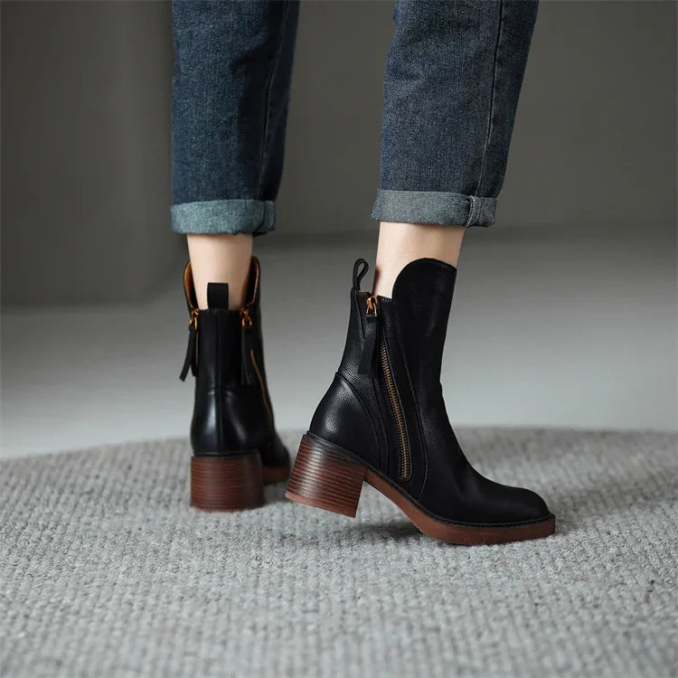 Ludovica Women's Faux Leather Block Heel Ankle Boots | Zip-Up Heeled Ankle Boots for Women | Elegant Everyday Smart Casual Footwear