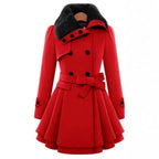 Women’s Fit-and-Flare Coat with Faux Fur Collar and Waist Belt