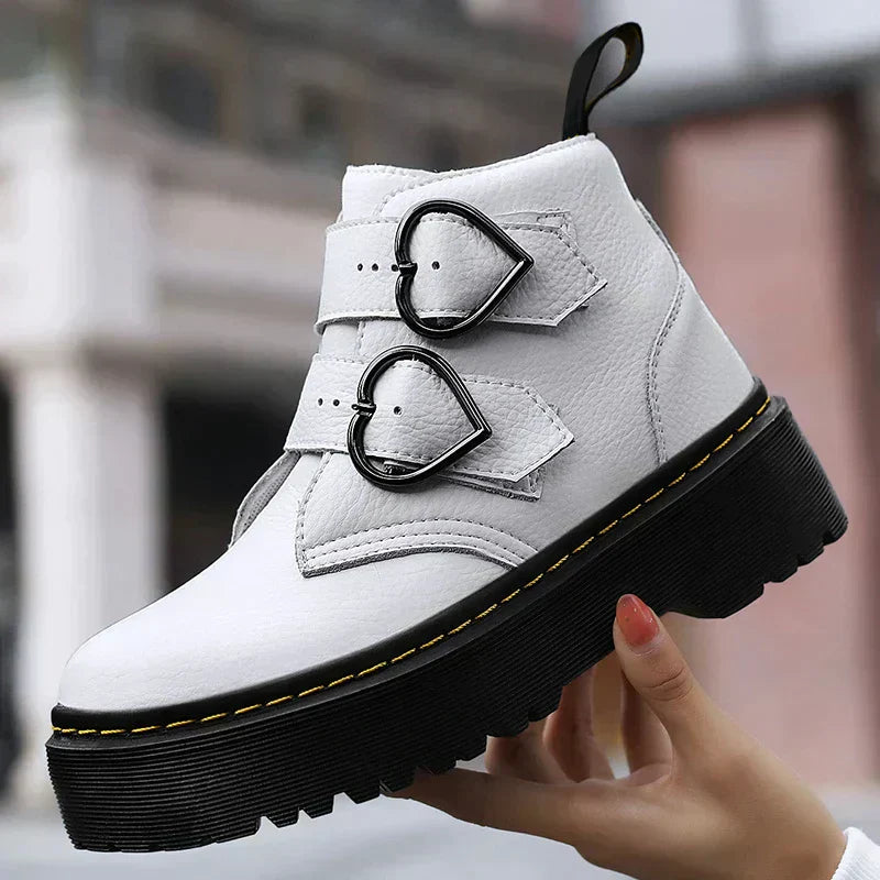 Valentijn Women's Block Heel Ankle Boots with Heart Buckle | Leather Heart Ankle Boots for Women