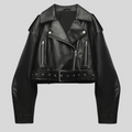 Women’s Cropped Faux Leather Moto Jacket Black