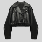 Women’s Cropped Faux Leather Moto Jacket Black