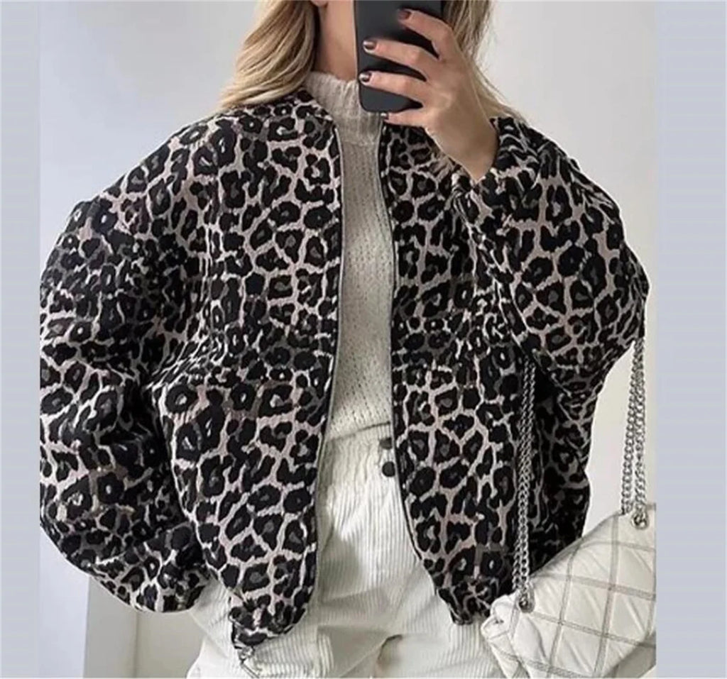 Fleur Women's Leopard Print Bomber Jacket | Animal Print Casual Outerwear | Everyday Streetwear