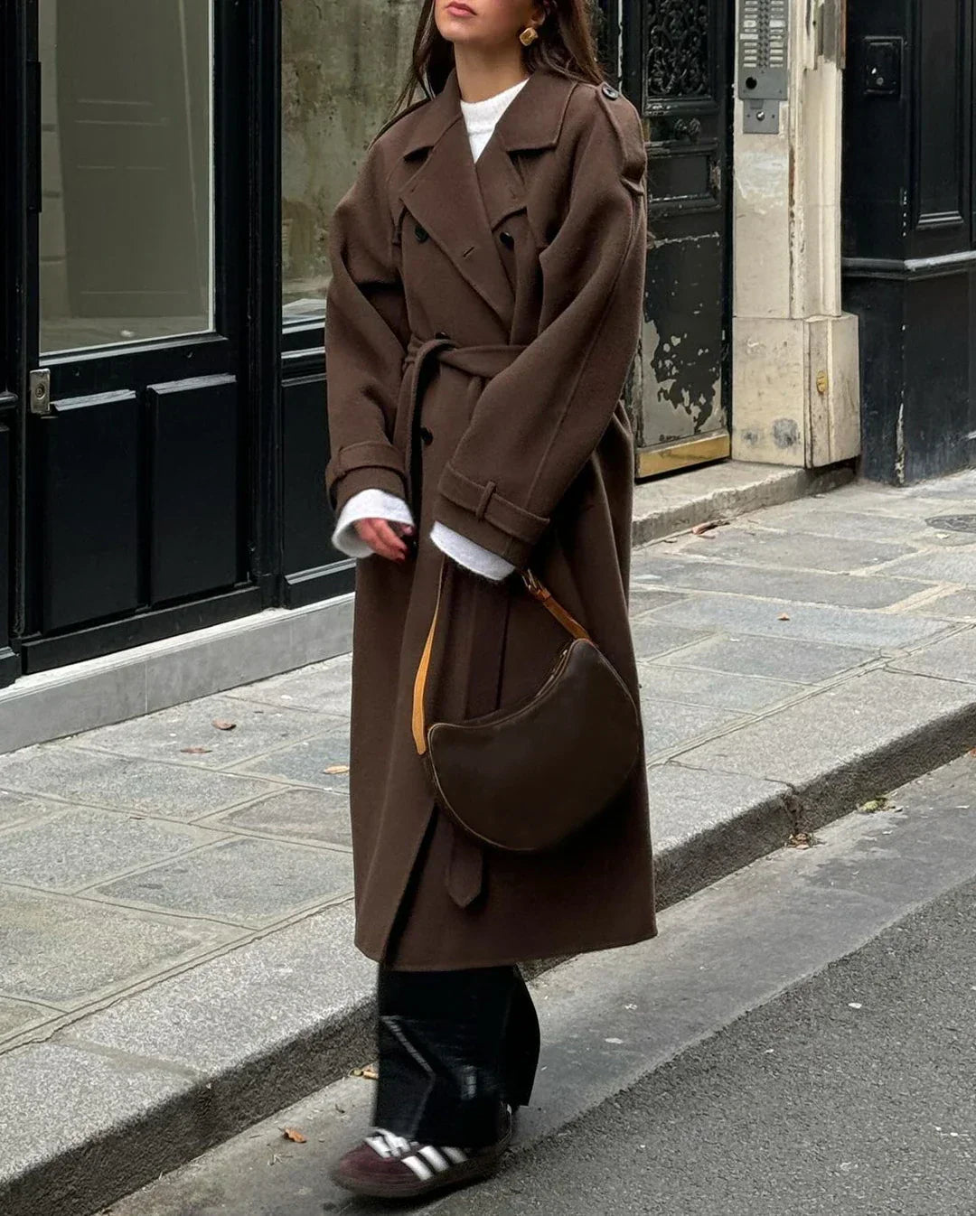 Grace Women's Wool Trench Coat with Belt | Double-Breasted Longline Winter Coat for Women