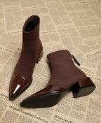 Elegant Suede Boots with Patent Details & Comfortable Block Heel