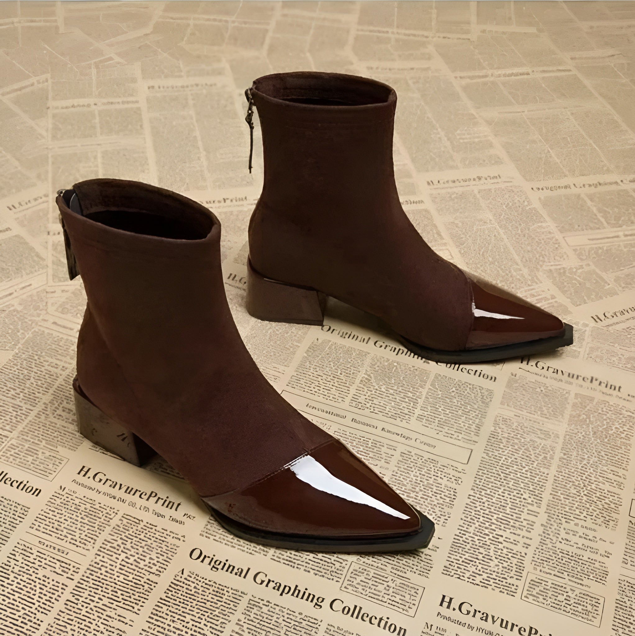 Elegant Suede Boots with Patent Details & Comfortable Block Heel