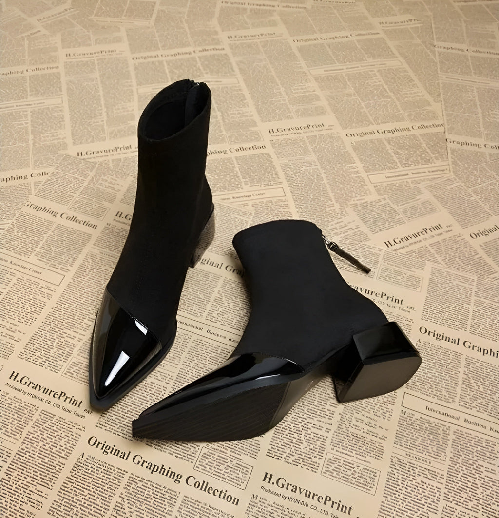 Elegant Suede Boots with Patent Details & Comfortable Block Heel