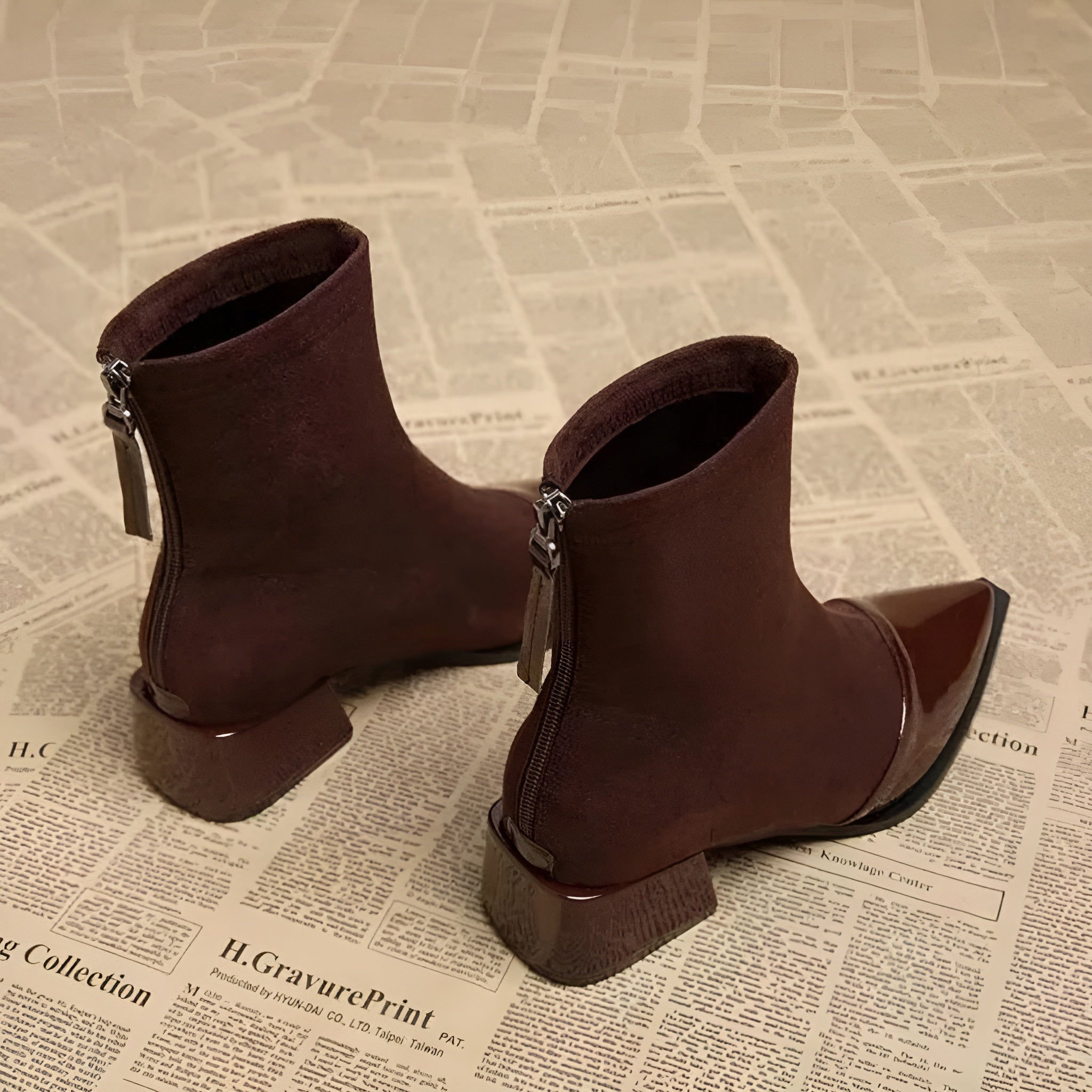 Elegant Suede Boots with Patent Details & Comfortable Block Heel
