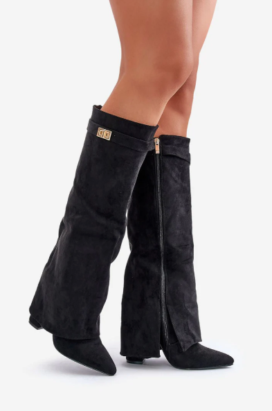 Zohra Women's Faux Suede Knee-High Boots with Flap | Block Heel Fold-Over Boots for Women